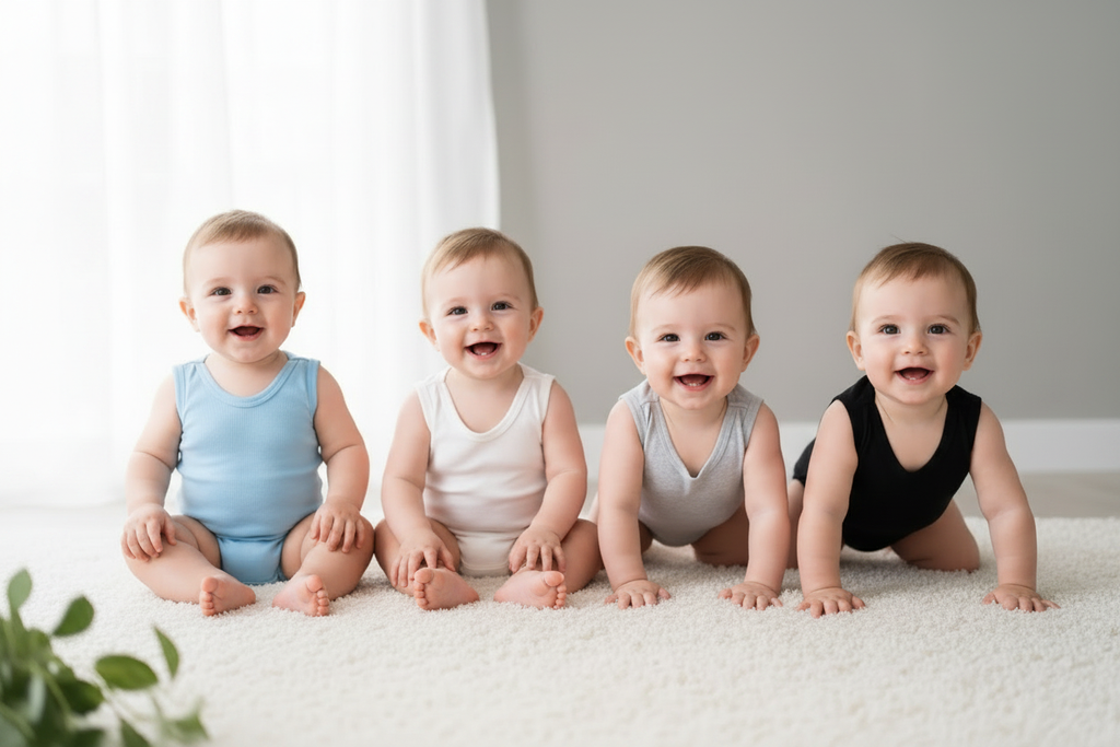 Babies Sitting in Four Onesies
