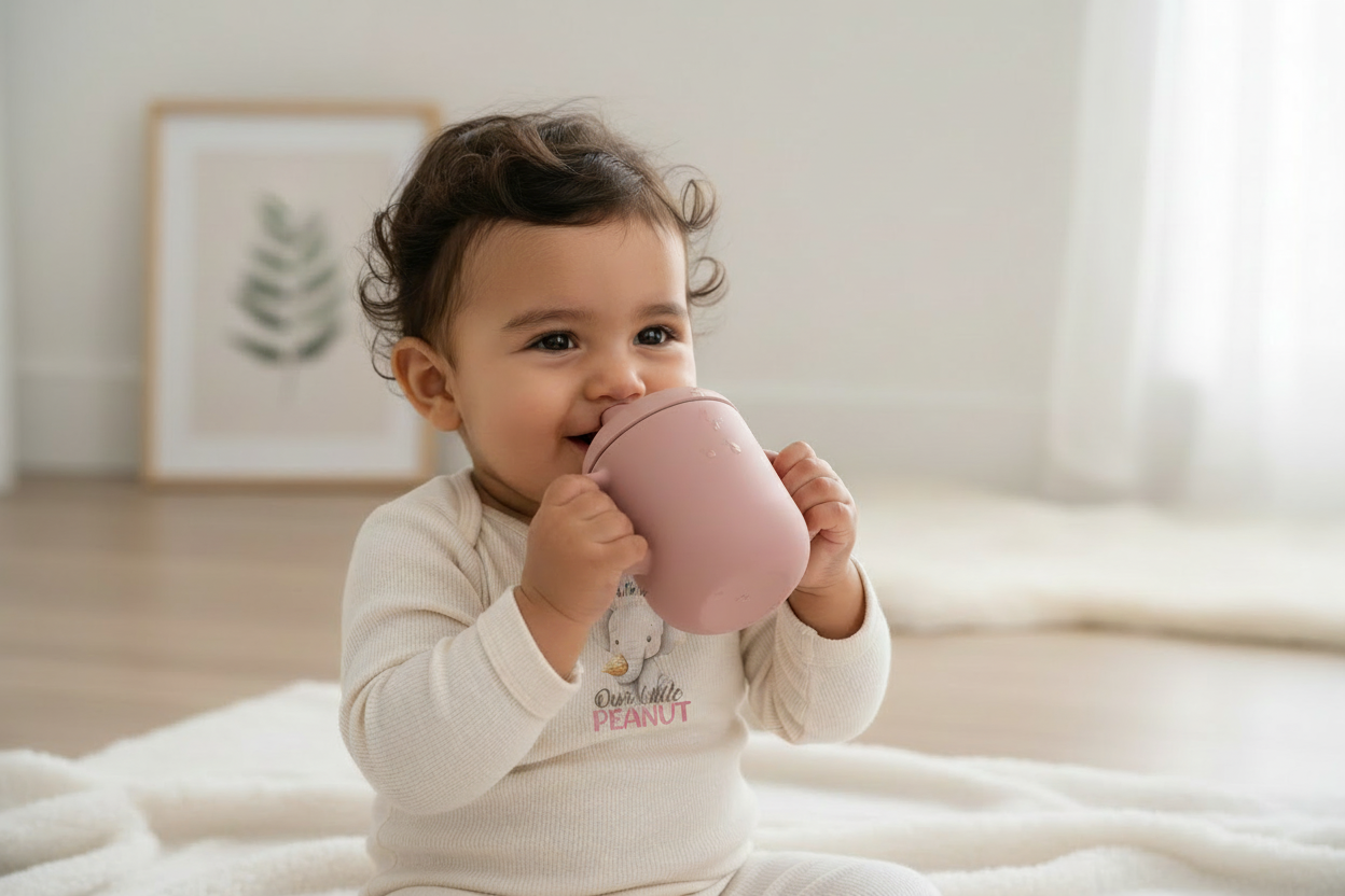 Hispanic Baby in Elephant Onesie with Sippy Cup