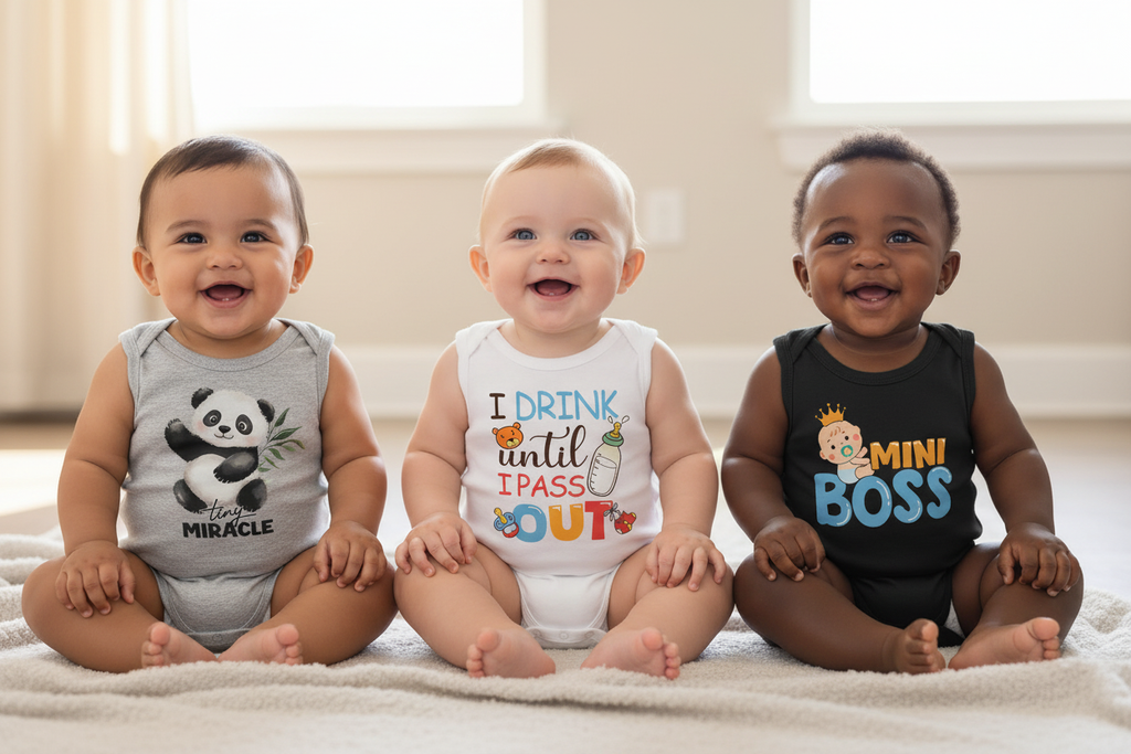 Three Baby Boys in 3 Pcs Onesies with Sticker Designs