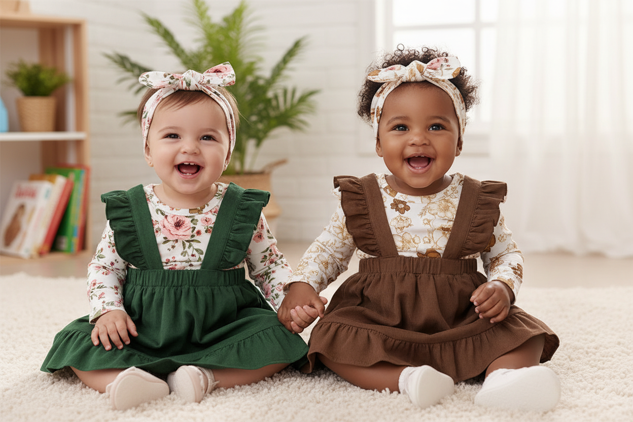 Two Baby Girls in Floral Outfits